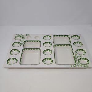 Ceramic Deviled Egg Appetizer Platter Italy Vintage Hand Painted White Green 17"